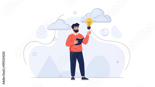 Man holding lightbulb, idea generation, creativity, innovation, learning concept