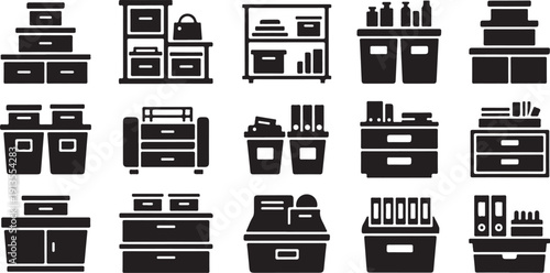 Collection of various office storage furniture and supplies icons