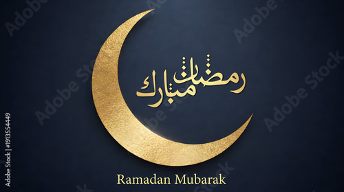 Ramadan Mubarak Greeting Background with Large Golden Crescent Moon and Elegant Arabic Calligraphy on Dark Blue Textured Backdrop for Islamic Festival Celebration