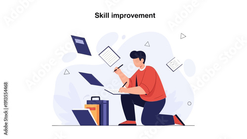 Man Improving Skills With Books and Documents