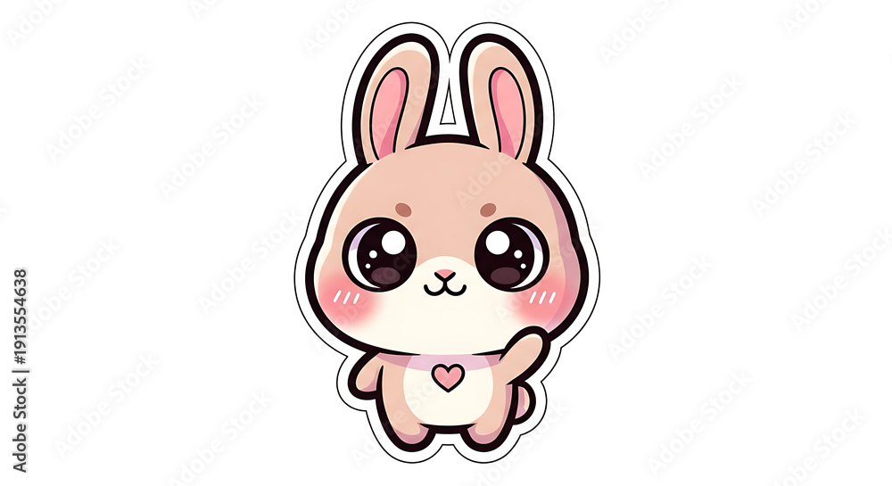 Obraz premium Cute Bunny Rabbit Illustration with Big Eyes and Pink Heart, Kawaii Style