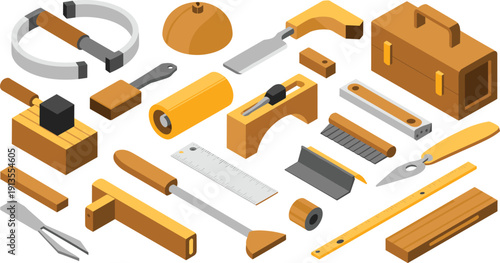 Isometric woodworking tools set illustration, carpentry hand tools, toolbox, measuring instruments, woodcraft equipment, professional workshop vector design