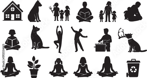 Black silhouettes of people and pets in various activities