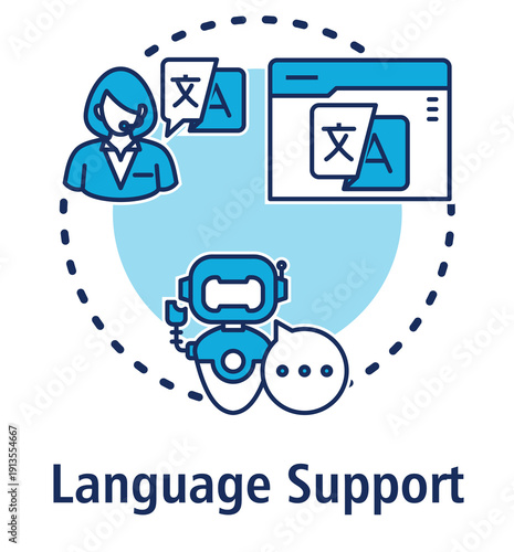 Language Support blue concept icon with Translator, Translate, Chatbot.