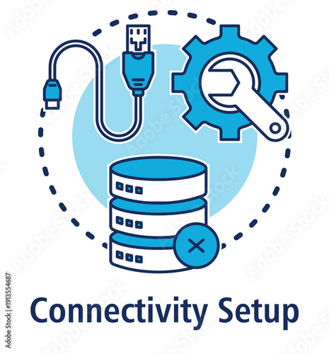 Connectivity Setup blue concept icon with Hdmi Cable, Technical Setup, Server.
