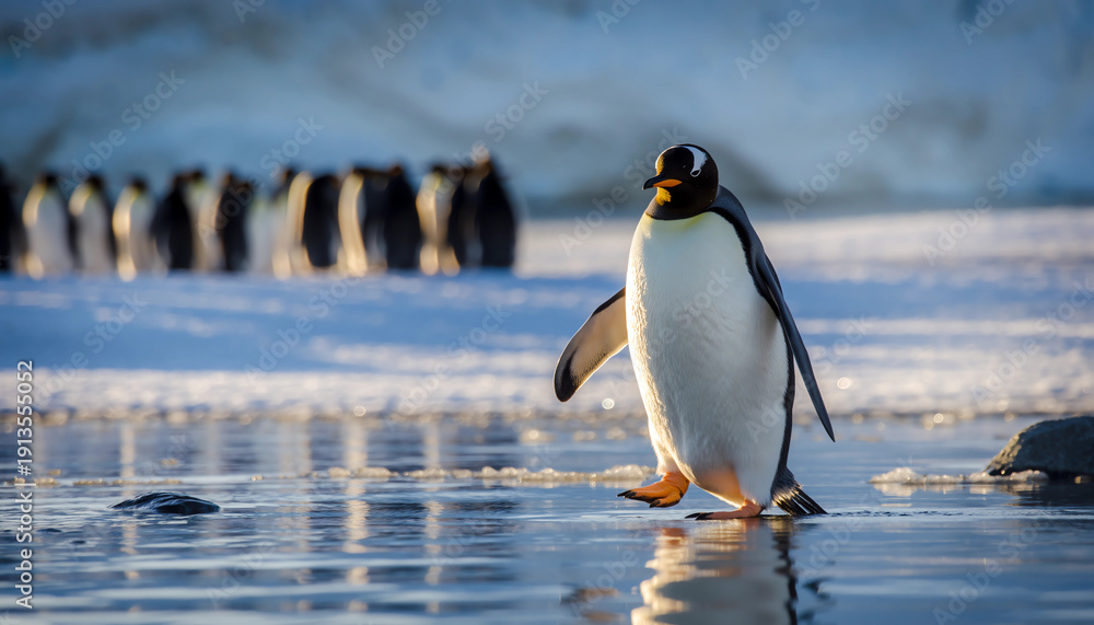 Fototapeta premium Solitary Penguin Walking Toward Distant Mountain | Antarctic Wildlife Close-Up with Copy Space | 4K Nature Background
