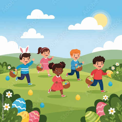 Happy children running and searching for colorful Easter eggs in a vibrant green field under a sunny blue sky.