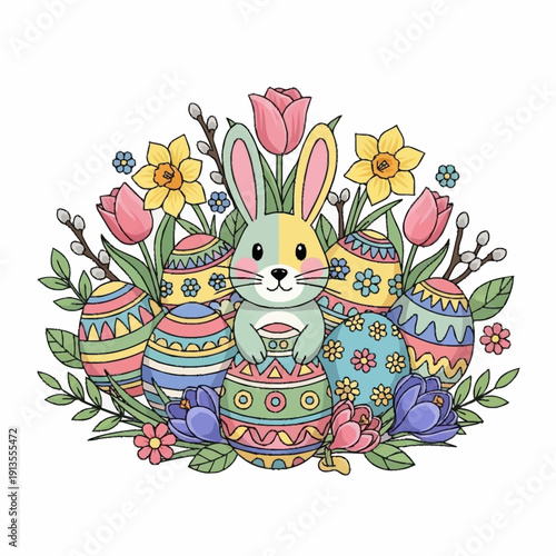 A cute colorful Easter bunny surrounded by decorated eggs, tulips, daffodils, and pussy willow branches, celebrating spring.