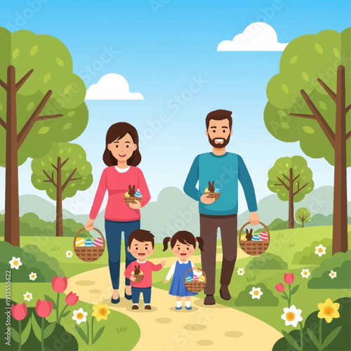 A happy family enjoying an Easter egg hunt in a vibrant spring park with trees, flowers, and a sunny sky.