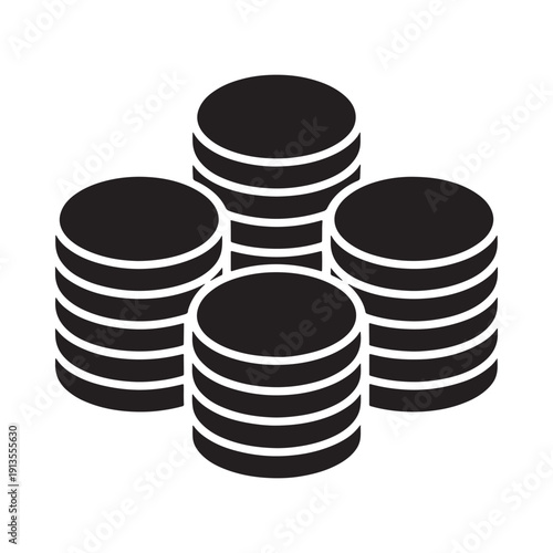 A stylized illustration depicts a stack of five black coins symbolizing wealth finance and economic value