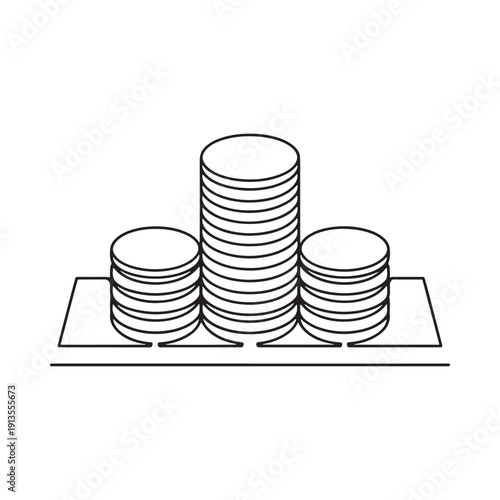 A minimalistic line drawing depicting three stacks of coins on a rectangular base symbolizing finance high quality