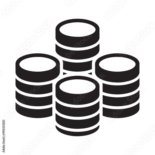A stylized black and white icon depicts a stack of coins arranged in a pyramid shape