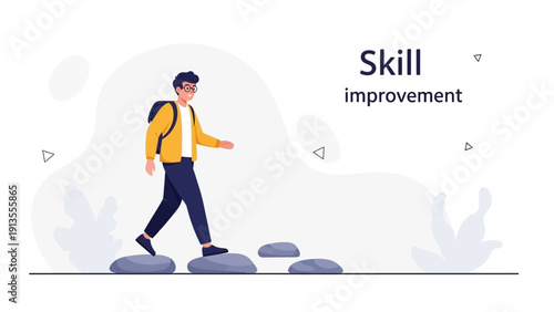 Man walking on stepping stones towards skill improvement, personal growth concept