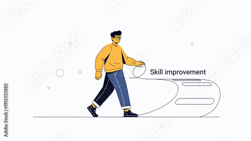 Man walks with skill improvement path, progress, learning, career development concept