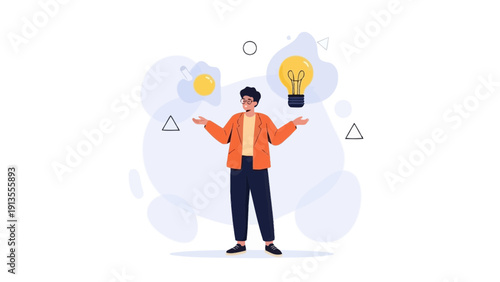 Man Juggling Idea Bulb and Fried Egg, Symbolizing Decision Making