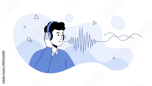 Man listening to sound waves with headphones, sound visualization concept