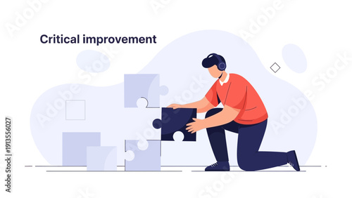 Man placing last puzzle piece, teamwork, problem solving, strategy, business concept, illustration