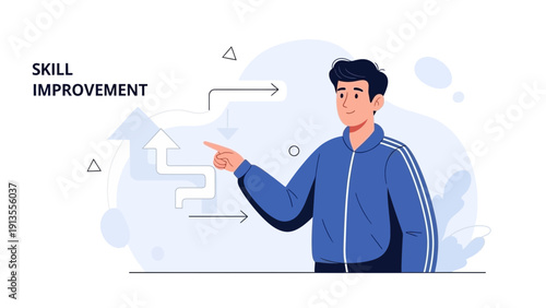 Man pointing to skill improvement graphic, career growth concept illustration