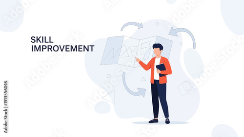 Man points to skill improvement diagram, learning and growth concept
