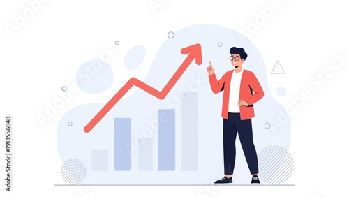 Man pointing at rising graph arrow, business growth concept illustration