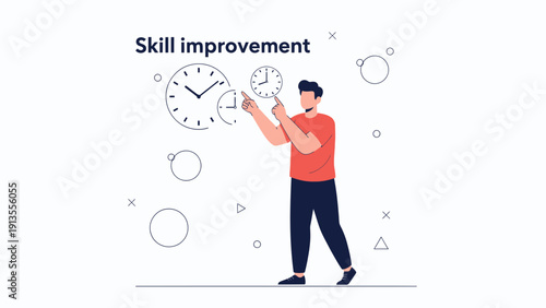 Man points to clock faces, symbolizing skill improvement and time management