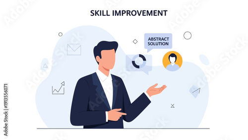 Man presenting skill improvement, abstract solution, business growth, data analysis