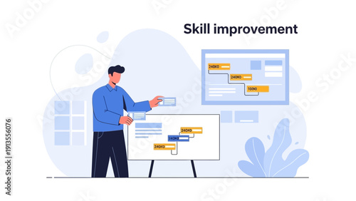Man presenting skill improvement plan on whiteboard, business growth concept