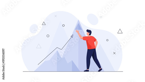 Man Reaching Mountain Peak with Growth Chart Arrow