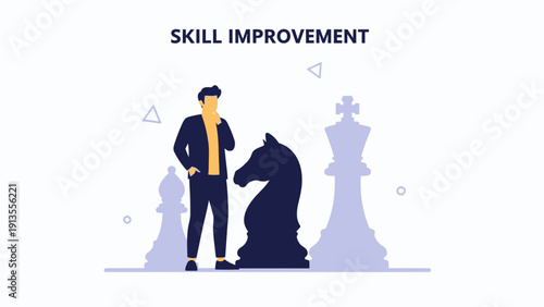 Man Thinking Next to Giant Chess Pieces, Skill Improvement and Strategy Concept