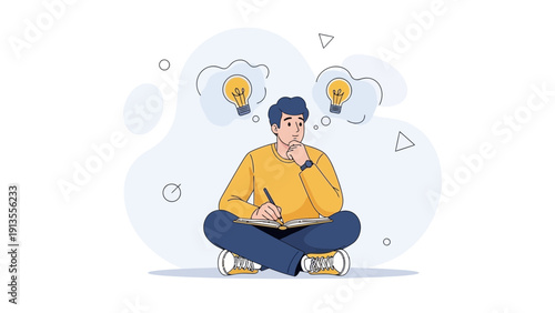Man Thinking With Lightbulb Ideas, Brainstorming and Creativity