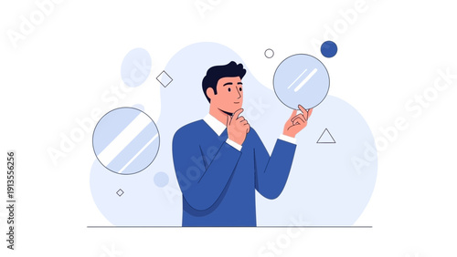 Man thinking, holding a reflection, decision making, doubt, abstract background