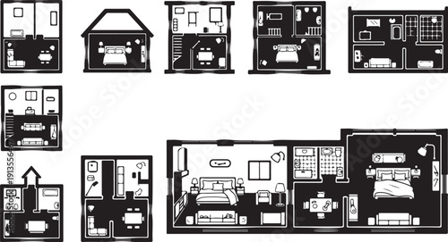 Various house floor plans and layouts in black and white