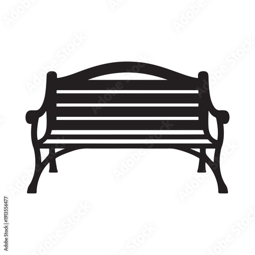 A simple black silhouette of a classic park bench featuring a curved back and slatted seat