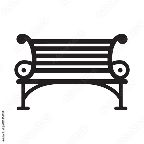 A simple black and white line drawing depicts a classic park bench with ornate details high quality