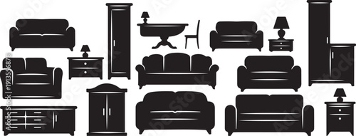 Collection of black furniture icons on white background illustration