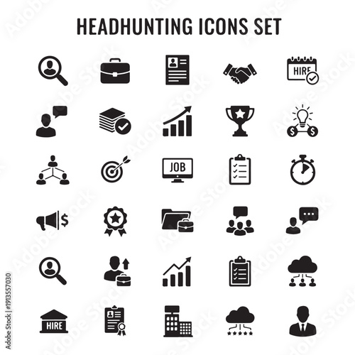Headhunting Icons Set, Recruitment Hiring Vector Icons, Talent Acquisition Glyph Icons Pack, Job Search Clipart Icons, HR Staffing Icon Collection, Candidate Selection Icons, Employment Agency Icons

