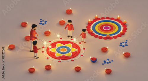 Miniature figures celebrating a traditional festival with glowing oil lamps and intricate rangoli patterns.