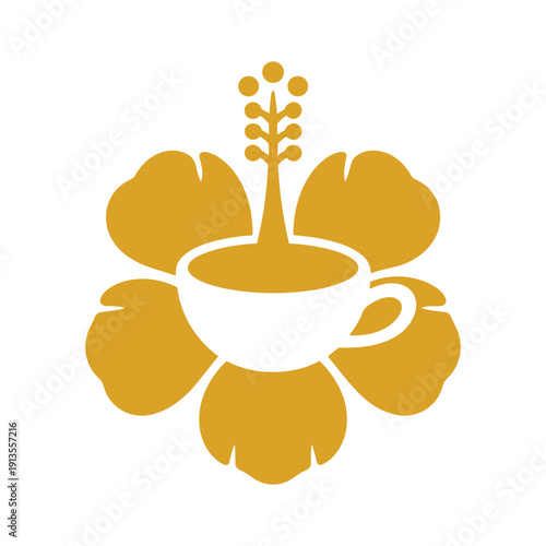 A stylized yellow flower with a white teacup
