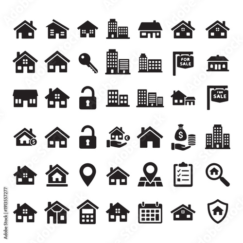 real estate house icon vector set, property building black symbol collection, home location solid glyph pack, architecture graphic elements, editable realty design bundle