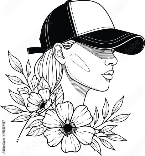 Artistic line of a woman's profile wearing a baseball cap with two blooming flowers and foliage framing her face