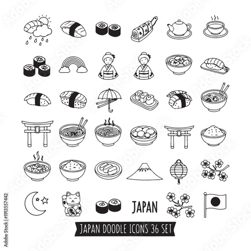Japanese Sushi Food Culture Doodle Icon, Asian Cuisine Ramen Noodle Clipart Design, Traditional Japan Element Illustration Bundle, Chopstick Rice Bowl Graphic Art Set, Oriental Food Symbol Sticker Col