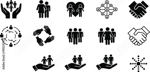 Assortment of black and white symbolizing community connection teamwork and human relationships including hands and people figures