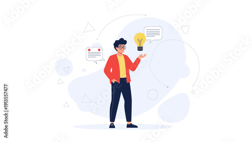 Man with Lightbulb, Ideas and Innovation Concept, Flat Illustration