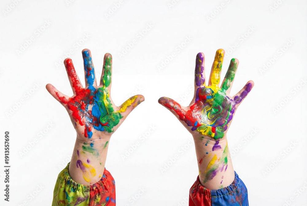 Fototapeta premium Child hands covered in vibrant colorful paint against a white background showing artistic fun