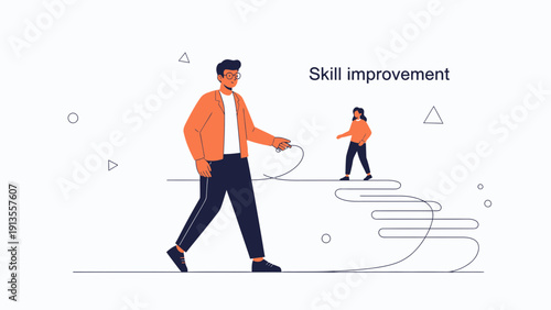 Mentor guiding mentee up stairs for skill improvement, career growth concept