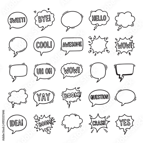 Comic Speech Bubble Text Expression Doodle, Pop Art Word Balloon Clipart Design Set, Cartoon Dialogue Box Illustration Bundle Art, Wow Yeah Hello Typography Graphic Element, Explosion Burst Sticker Ar