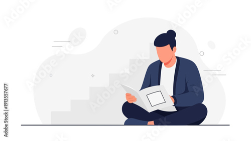 Person reading a book, sitting cross-legged, illustration, minimalist style