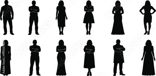A collection of diverse human silhouettes in various poses and attire including formal dresses and casual outfits