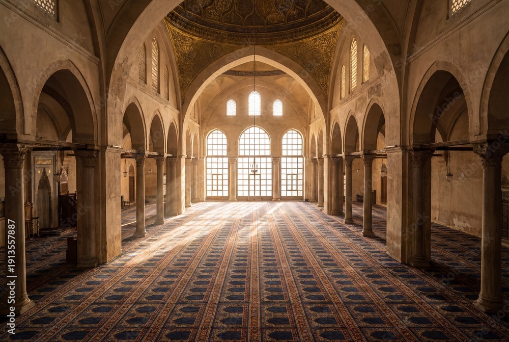 Obraz premium Majestic mosque interior with sun rays illuminating patterned carpet and golden arches