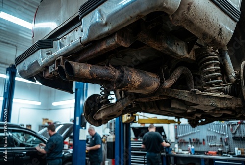 Worn vehicle underside with rusty exhaust pipe on a lift in an auto repair shop